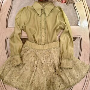 Elegant Green Blouse and Lace Skirt Set